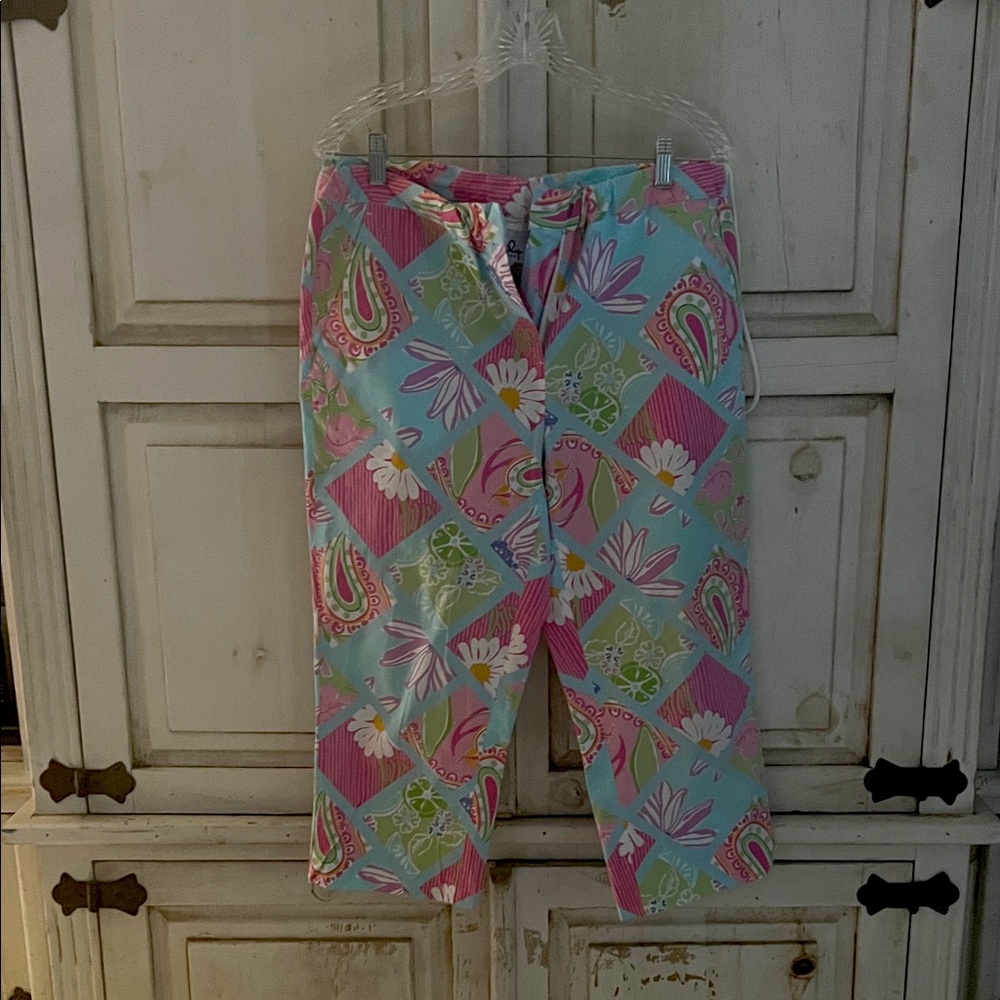 Lilly Pulitzer Maternity Pink and Blue Patch Floral Capri Pants Maternity Md